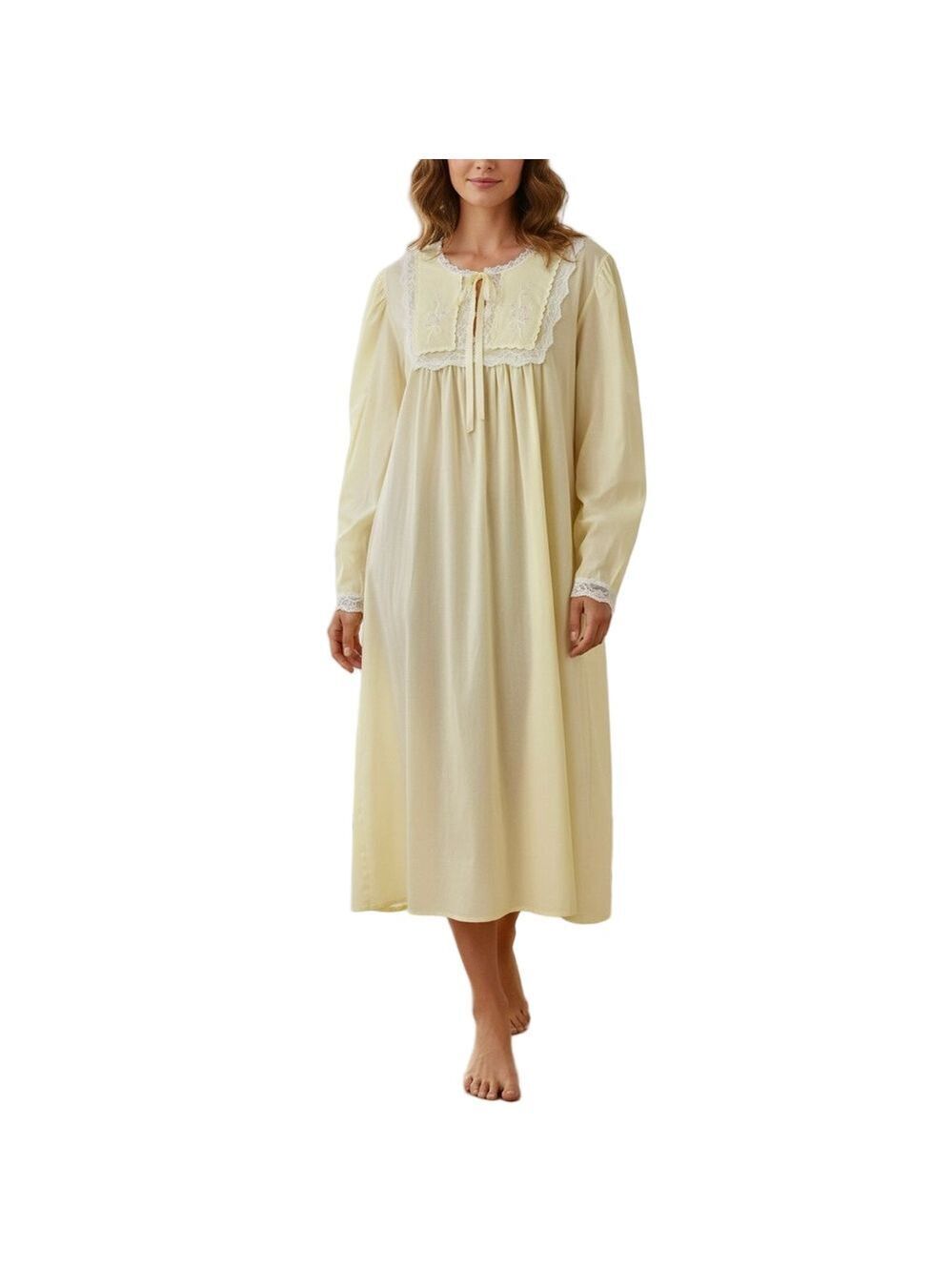 Barbizon yellow long sleeve lace floral embroidered night gown L